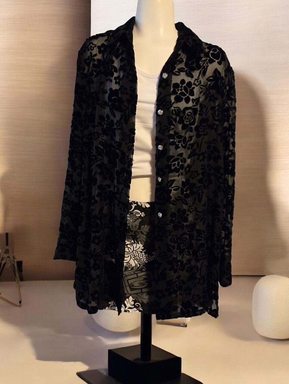 Principles Black Sheer Velvet Floral Burnout Blouse Size M